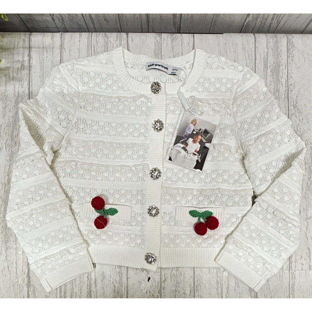 self-portrait Girls White Lace Knit Button Cardigan Sweater Cherry Floral 5-6